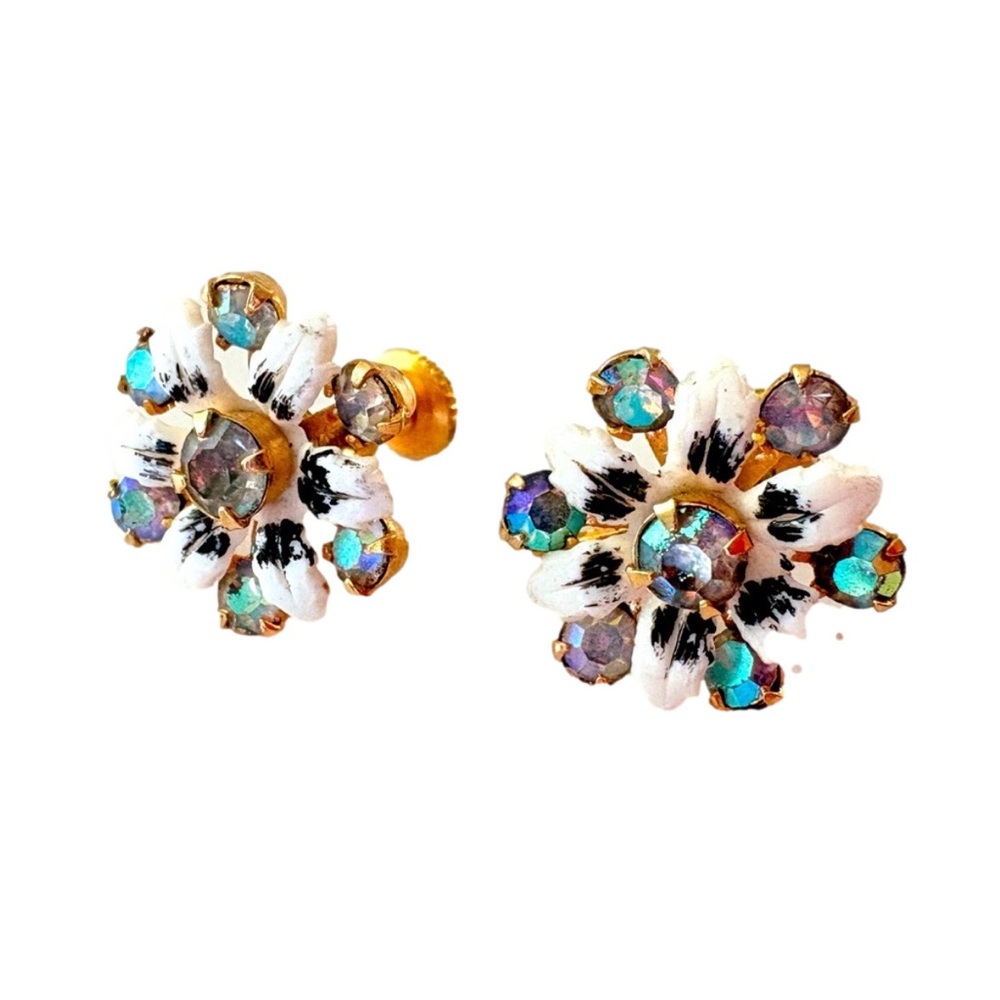 Vintage Flower Rhinestone Gold Tone Screw Back Statement Earrings
